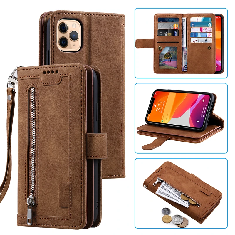 New 9 Cards Zipper Flip Leather Case For iPhone 13 12 Pro Max 11 Pro SE 2020 10 X 6 6s 7 8 Plus XR XS Max Wallet Book Phone Case phone carrying case