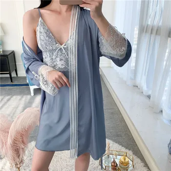 

Sleep Set Nightwear Intimate Lingerie Women 2PCS Bride Wedding Robe Set Casual Homewear Satin Sexy Home Clothing Sleepwear