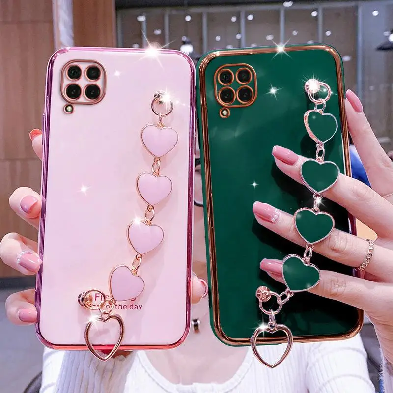 Кабель-браслет на запястье чехол для телефона Huawei P40 Lite E Чехол класса люкс в форме сердца цепи покрытие чехол для Huawei P40 Lite E 5G Y7p Nova7i Капа