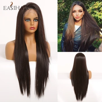 

EASIHAIR Straight Long Dark Brown Lace Front Synthetic Wigs with Baby Hair Wigs Natural Daily High Density Wig Heat Resistant