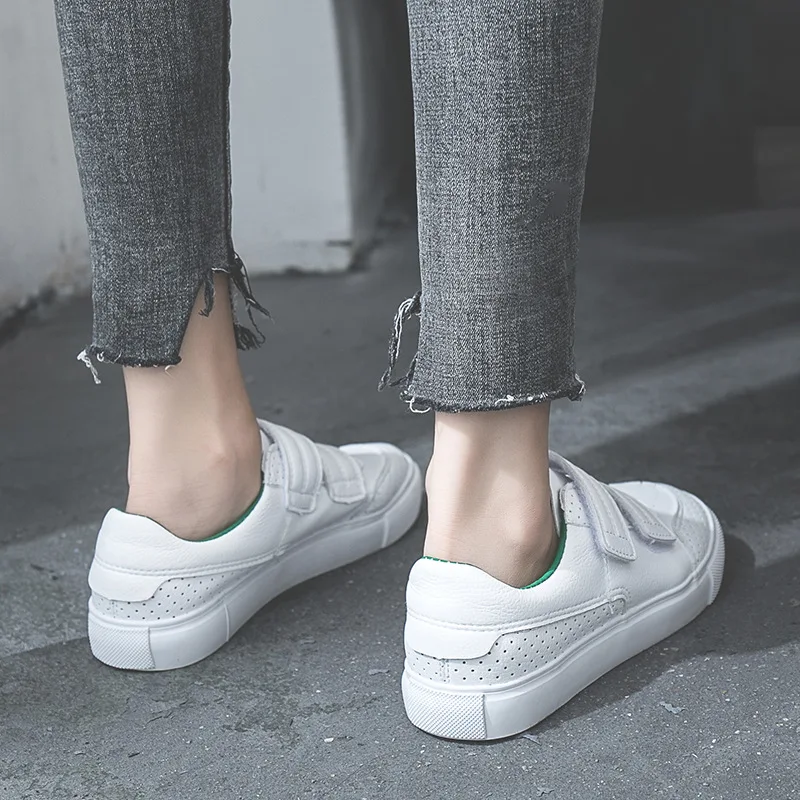 2019 Women Sneakers for Autumn And Winter Thick Bottom Flat Heel Loop Female White Shoes Leather Air Mesh Cloth Breathable Shoes