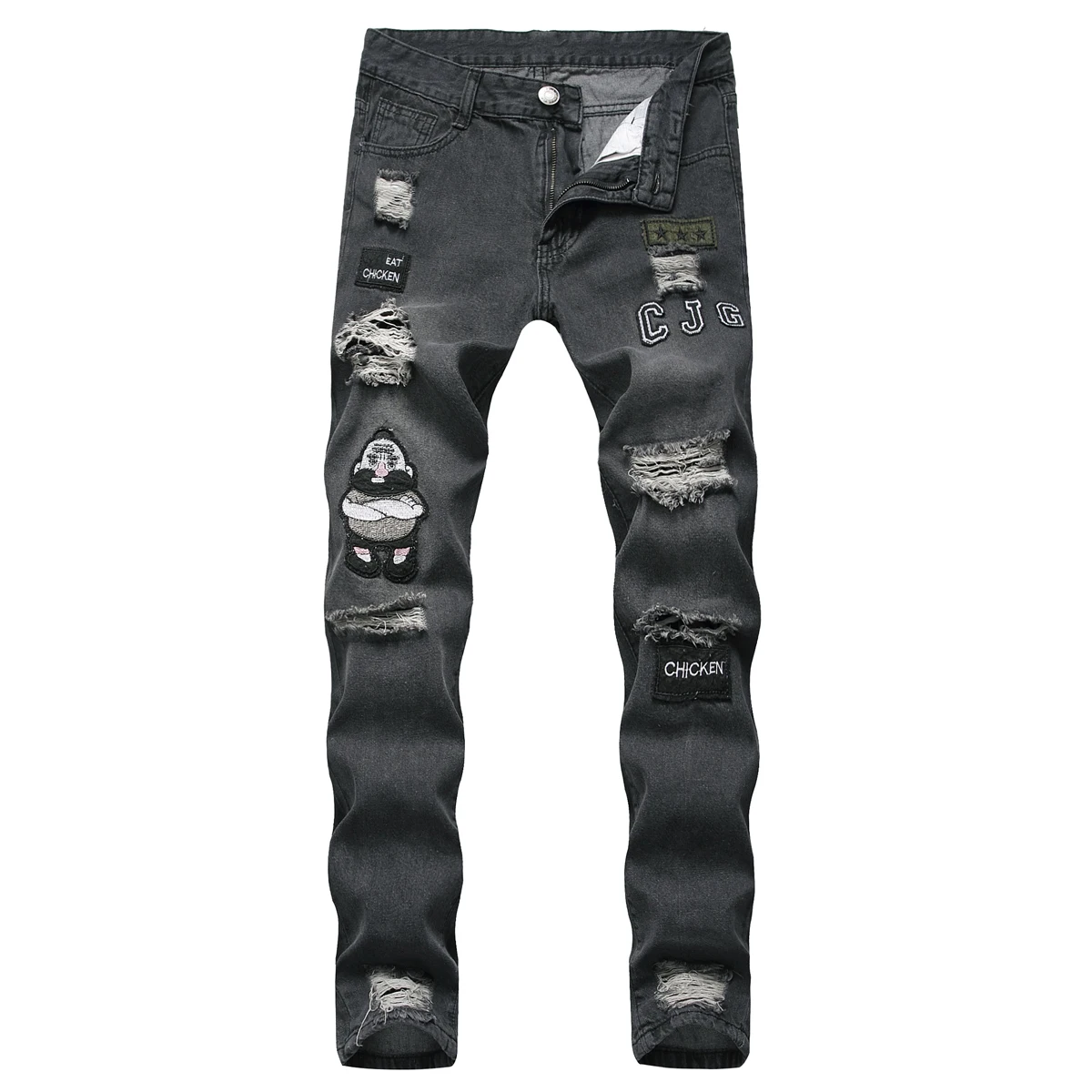 3 вида стилей, мужские эластичные рваные обтягивающие байкерские джинсы с вышивкой и принтом, джинсы с прорезями и прорезями, узкие джинсы, поцарапанные джинсы высокого качества - Цвет: Черный
