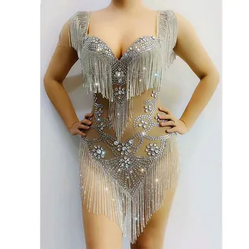 

New Style Silver Rhinestones Fringe Transparent Dress Bar Birthday Celebrate Mesh Outfit Women Dancer Wear Prom Dresses