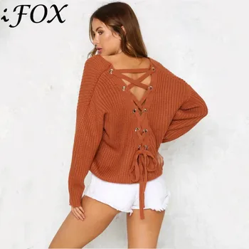 

IFox 2019 Pink Women O Neck Lace Up Back Sweater Long Sleeve One Size Pullover2019 Loose Casual Solid Sweater Pull Femme