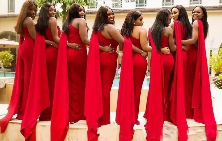 Arabic Red Mermaid Long Bridesmaid Dresses One Shoulder Side Split Wedding Guest Dress Cheap Formal Maid of Honor Gowns