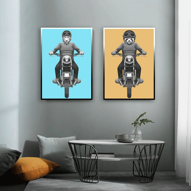 

Cute cool tiger and raccoon painting on motorcycle canvas print poster kids room home decoration wall art picture