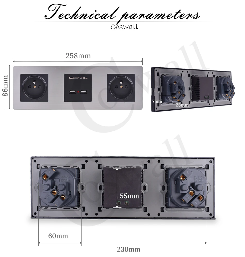 COSWALL настенная панель из нержавеющей стали Двойная Розетка французский стандартный отвод двойной с usb-портом и зарядкой порт 5 В 2A выход черный цвет