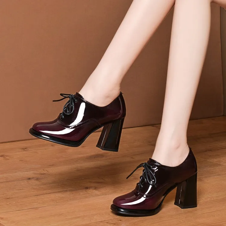 

WOMEN'S Shoes round-Toe Chunky Heel Cross Lace-up Wrinkle Patent Leather Deep Mouth WOMEN'S Leather Shoes High-Heel WOMEN'S Shoe