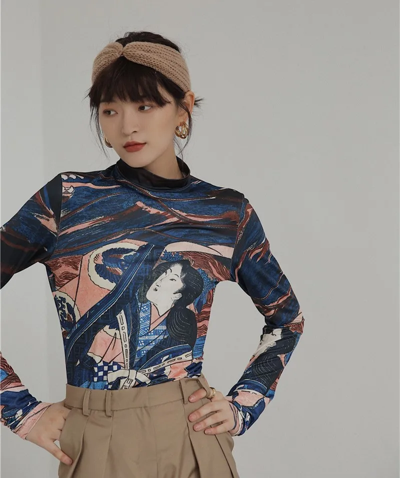 Billige Cheerart Kunst Druck Rollkragen Bluse Frauen Langarm Vintage Top Elastische Tunika Tops Und Blusen Kleidung Herbst 2019