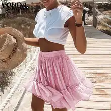 VONDA, повседневная, в горошек, с рюшами, летняя, розовая, юбка для женщин, трапециевидная, высокая талия, плиссированная, короткая, юбка, цветочный принт, шикарные пляжные юбки, 5XL