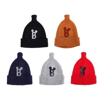 

Autumn Winter Newborn Kids Caps Cute Warm Baby Alphabet Print Hats Knitted Wool Hemming Caps New Sale New