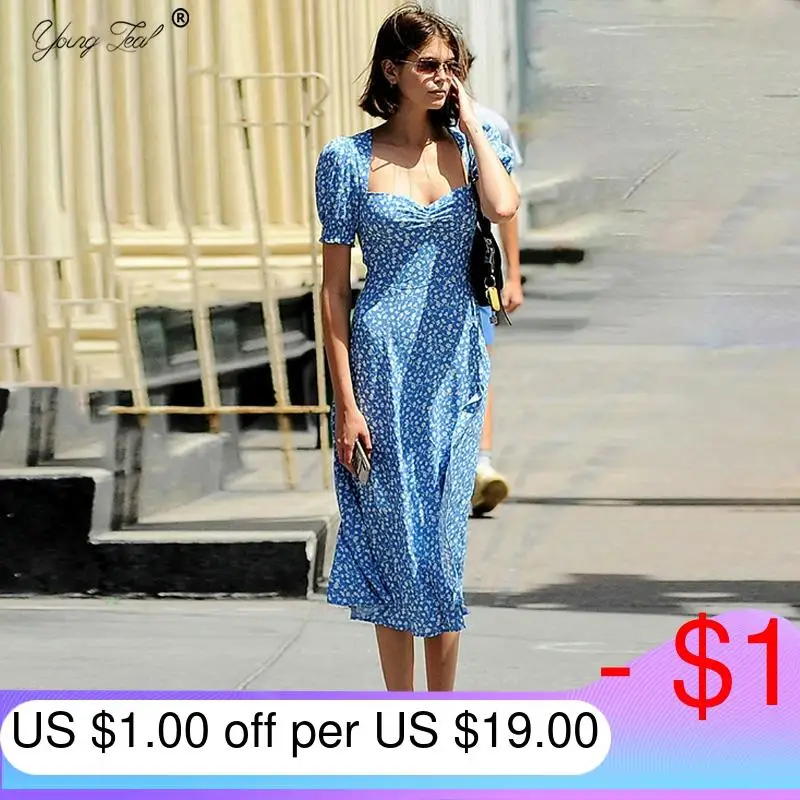 Women Casual Floral Print Midi Dress Square Collar Ruffle Puff Sleeve Slim Split Summer Dress French Romance Retro Dress Vestido Women Casual Floral Print Midi Dress Square Collar Ruffle Puff Sleeve Slim Split Summer Dress French Romance Retro Dress Vestido