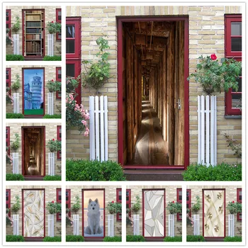 

Wood Corridor Door Wallpaper Vinyl DIY Self-adhesive Stickers on the Doors Removable Poster Wall Decals Home Decor deursticker