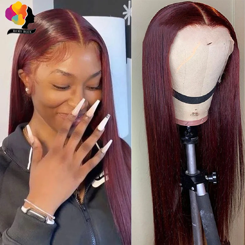 Pelo peruano recto 13X1 peluca con malla frontal pelucas de cabello humano 99J rojo borgoña Pre-arrancado 180% cabello humano Remy profundo parte pelucas