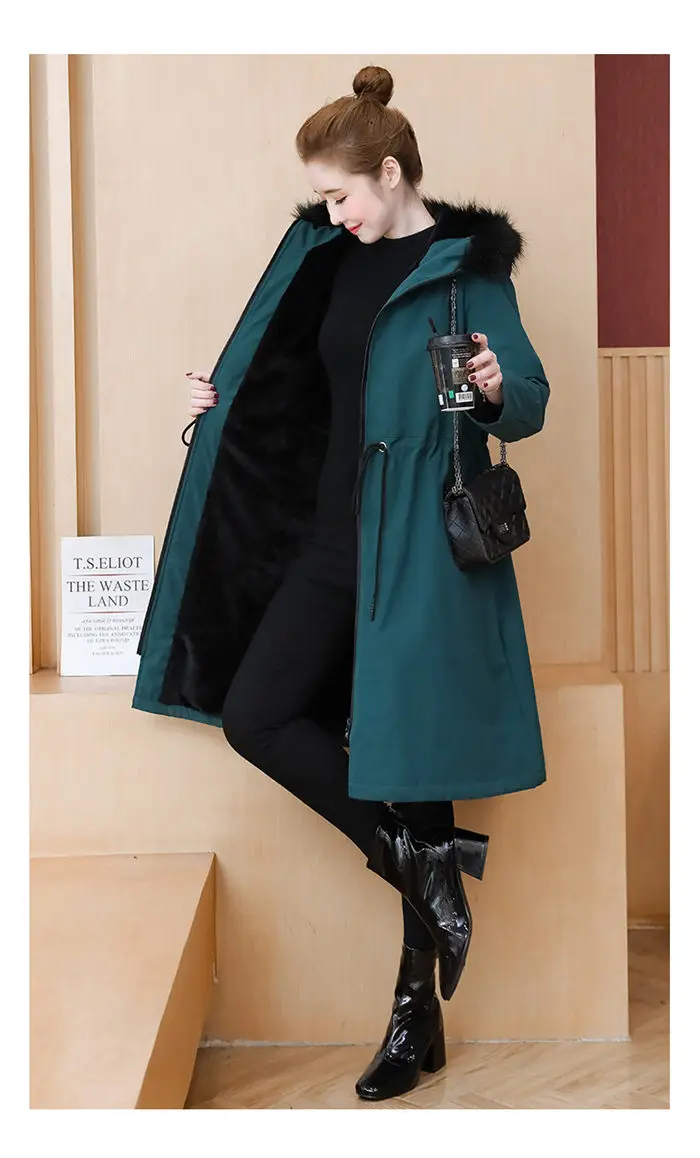 Черная куртка с меховым капюшоном плюс вельветовое плотное пальто для женщин зима размера плюс тонкая парка повседневное теплое длинное пальто с высокой талией f2330