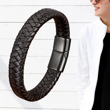 2020 Classic Men Jewelry Black/Red/Brown Braided Leather Bracelets Stainless Steel Magnetic Buckle Couple Bangles Gifts