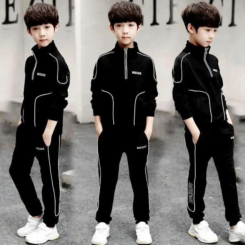 

Children's Sets Boys' Autumn Clothes Handsome Boy Zipper Stand Collar Jackets Pants 2 Piece Suit Teen School Sports Black Suits