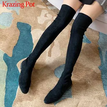 

Krazing Pot round toe low heels winter fashion simple style flock stretch boots keep warm solid women over-the-knee boots L3f6