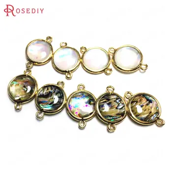 

10PCS 12MM 24K Champagne Gold Color Brass and Shell 2 Holes Round Connect Charms Pendants Jewelry Making Supplies Diy Findings