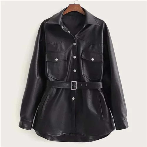 COLROVIE Черная куртка из искусственной кожи на пуговицах с передним клапаном и карманами с поясом для женщин, осень, уличная одежда, куртки, одноцветные повседневные пальто и верхняя одежда - Цвет: Черный