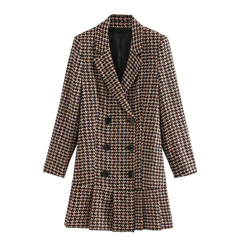 

RR Notched Dresses Women Fashion Houndstooth Double Breasted Dress Women Elegant Pleated Mini Dresses Female Ladies LF