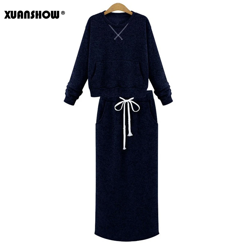 XUANSHOW Осень зима Юбки женские Набор Толстовка топ+ длинная юбка Костюм из двух частей карманный Повседневная Костюм женский