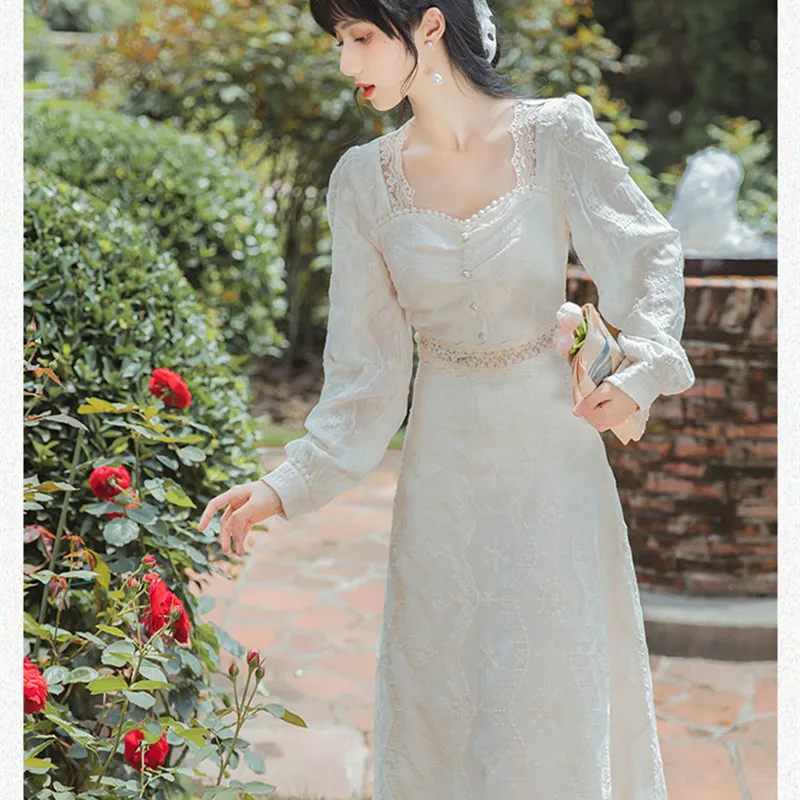 Women-2021-Spring-Fall-New-Gentle-Style-Dresses-Square-Neck-Elegant ...