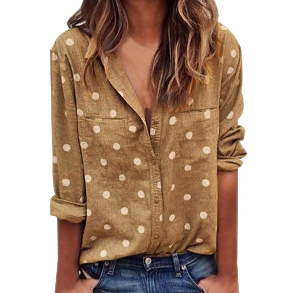 

JAYCOSIN Fashion Women's Autumn and Winter Long Sleeve Trun Down Collar Printing Casual Blouse Polka Dot Double Pocket Shirt Top