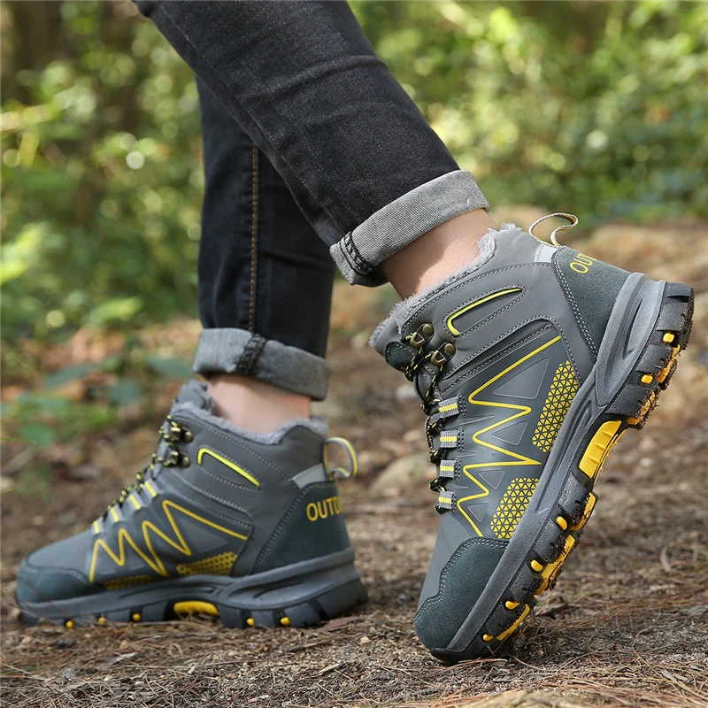 Классические мужские походные ботинки с высоким берцем; нескользящая водонепроницаемая обувь; обувь для альпинизма и рыбалки; зимние уличные теплые бархатные мужские ботинки