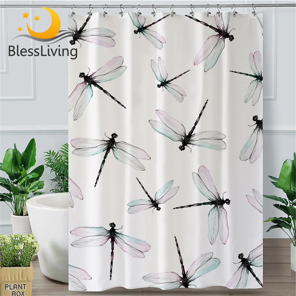 

BlessLiving Dragonfly Bathroom Curtain Simple White Shower Curtain With Hooks Polyester Light Green Pink Wings Bathtub Decor