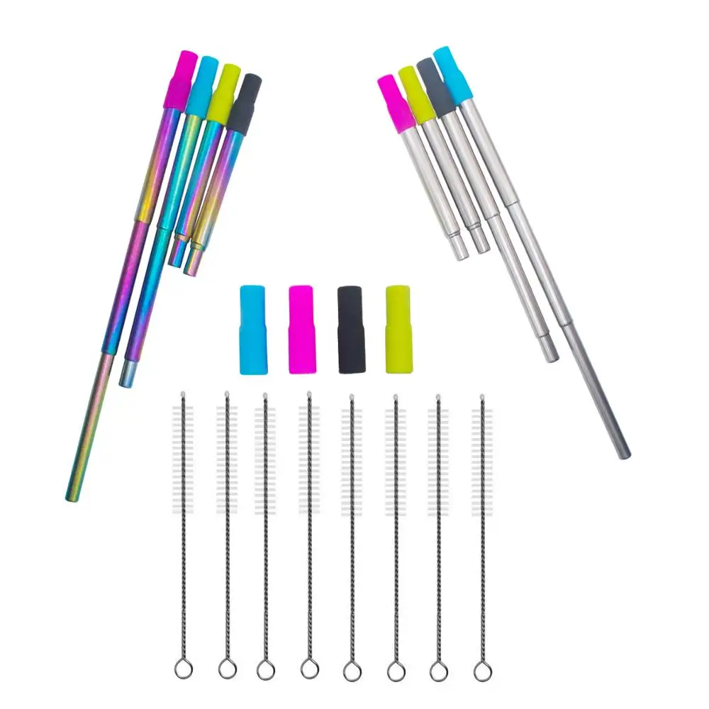 

8pcs Stainless Steel Reusable Folding Straw with Food Grade soft Silicone Nozzle and Cleaning Brush (4 Colorful 4 Silver )