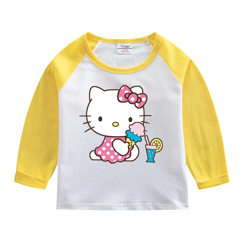Hello Kitty-Camiseta de algodón puro para niños, camiseta que absorbe la humedad, Tops contrastantes dulces a la moda, camisetas deportivas informales de manga larga para bebé