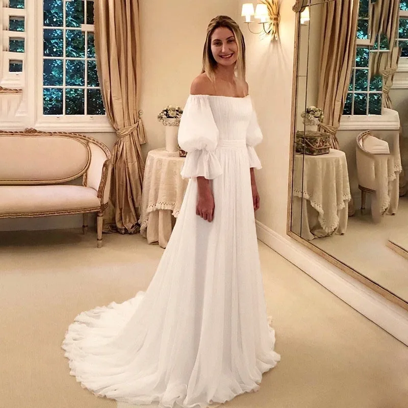 White Eightree с открытыми плечами простое свадебное платье пляжное vestido de noiva пышные рукава шифоновые Свадебные платья платье невесты Robe De Mariee - Цвет: White