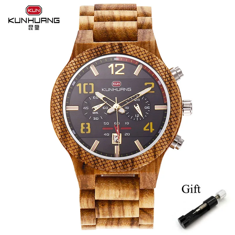 Men All Wooden Watch Reloj Hombre Mens Watches Top Brand Luxury Big Dial Casual Luminous Chronograph Wood Men Clock - Цвет: Yellow