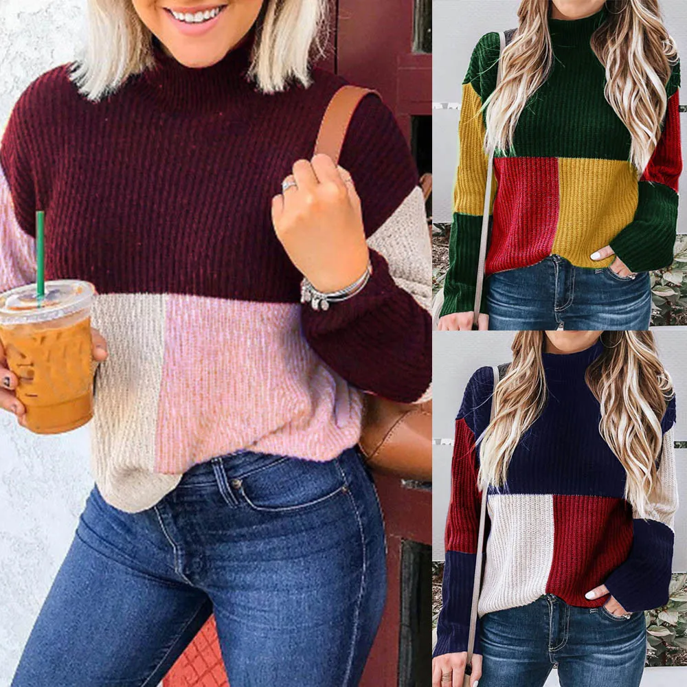 Jaycosin Women Colorblock Stand Long Sleeve Knitted Loose Sweater Tops Casual Quality Attractive Jumper Pullover Top Blouse