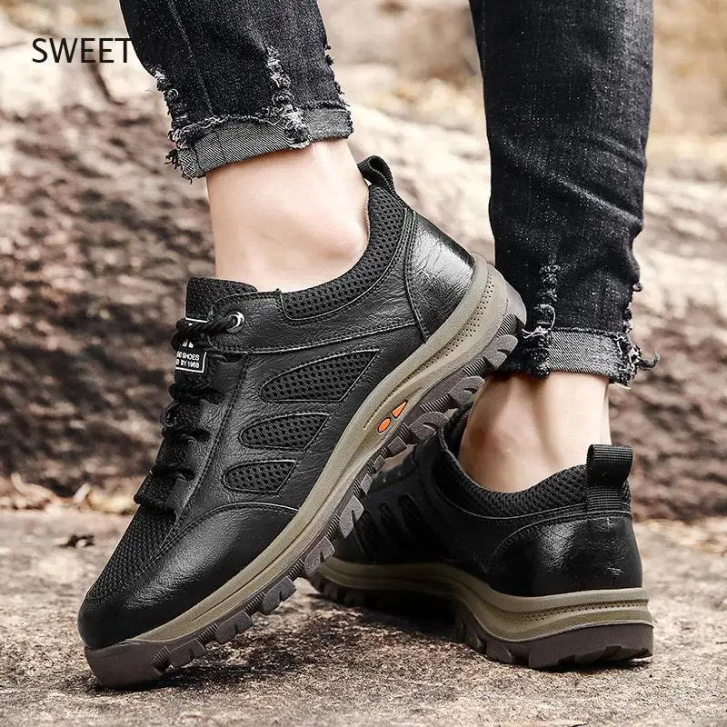 Big size 38-48 Hiking Shoes for Men Outdoor Sports Camping Shoe Tactical Sneakers Mesh Genuine Leather Breathable Non-slip