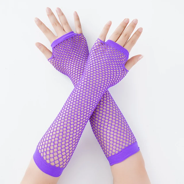 Stylish Long Black Fishnet Gloves Womens Fingerless Gloves Girls Dance Gothic Punk Rock Costume Fancy Gloves Lavender