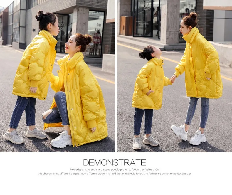 WLG family matching clothes mother and daughter down coats 90% white duck down long style yellow dark blue down coat
