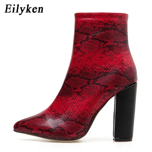 Eilyken/Большие размеры 35-42; женские ботинки; ботильоны на высоком каблуке для стриптиза; змеиный принт; обувь на массивном каблуке; Цвет Красный - Цвет: Red