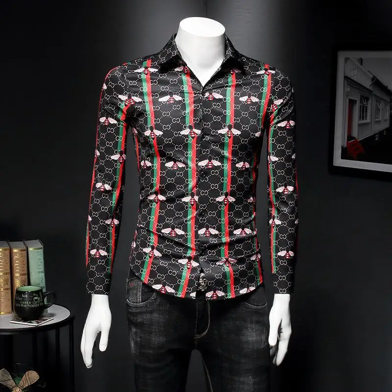 

Youth Society small bee printed shirt long sleeve autumn mercerized Lapel shirt business button cardigan men's large