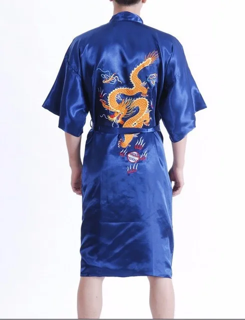 navyblue Высокое качество NavyblueChinese традиционный мужской Халат вышивка дракон атласная одежда для сна винтажное кимоно юката банное платье 011031 - Color: navyblue