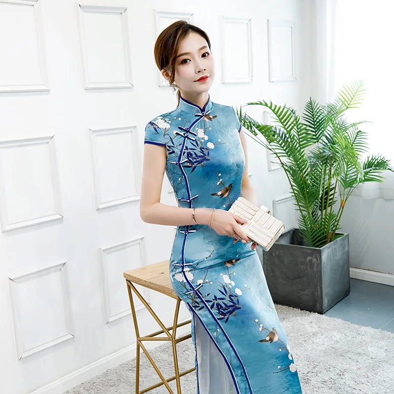 Китайский стиль длинное цветочное китайское традиционное платье Ретро Cheongsam ручной работы Кнопка Qipao размер M-3XL