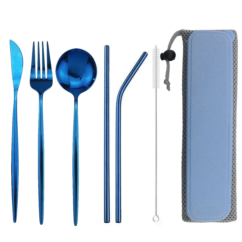 

Travel Dinnerware Set 18/10 Stainless Steel Cutlery Set Knife Fork Spoon Set With Reusable Straw Cleaner Brush Box Portable Bag