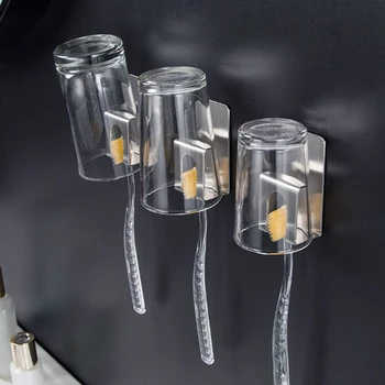 

Stainless Steel Toothbrush Holder Storage Rack Punch-free Self-adhesive Wall Hanging For Bathroom Accessories Tooth Cup Holder