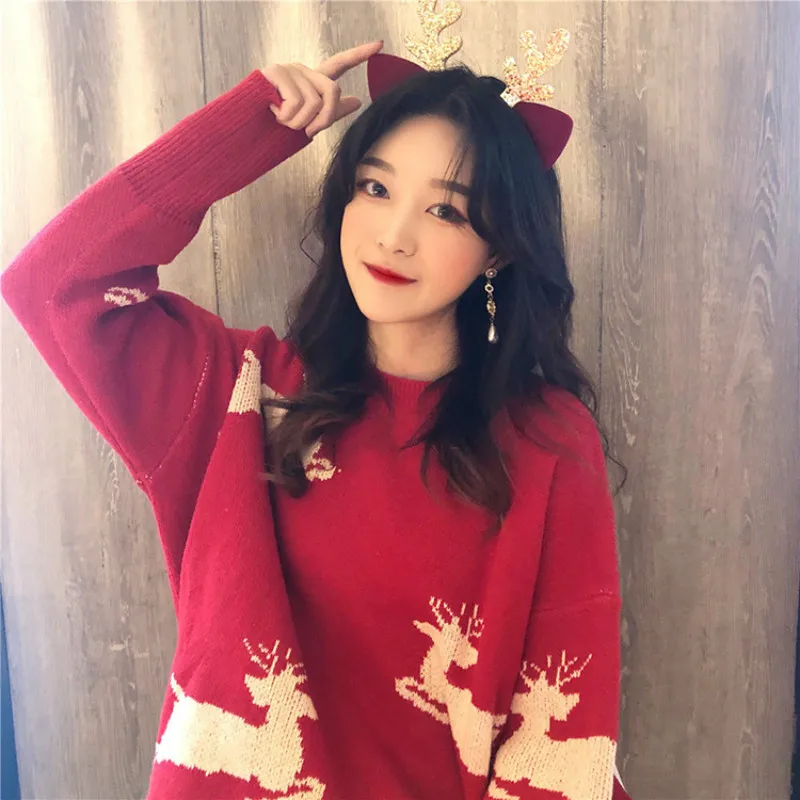 Sweaters Woman Pullovers Christmas 2020 Round Neck Maglioni Korean Vintage Fluffy Large Size Red Sweatshirts Jersey Mujer Lady