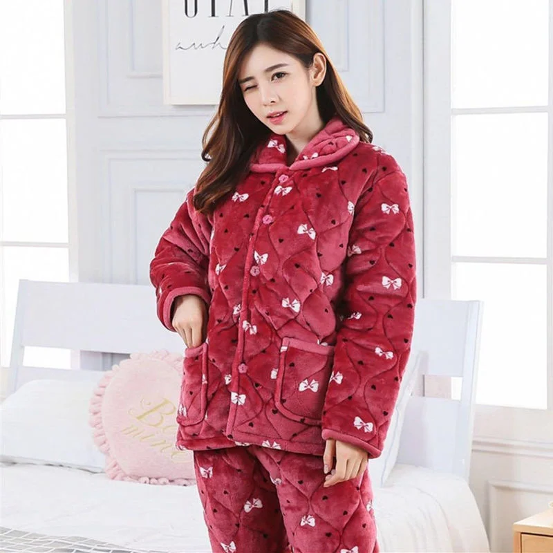 Pajamas women's winter flannel three-layer cotton and plush thickened warm cotton jacket cotton jacket suit home clothes womens pyjama sets Pajama Sets