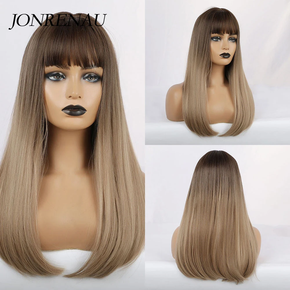 

JONRENAU Long Silky Straight Hair Synthetic Ombre Dark Brown to Blonde Light Brown Wigs with Bangs for White/Black Women