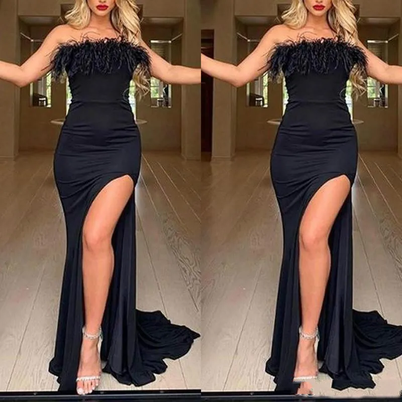 

Sexy Tight Prom Dresses With Feathers Elegant Strapless Satin Black Long Formal Evening Dress 2020 Plus Sized Party Wear Gowns