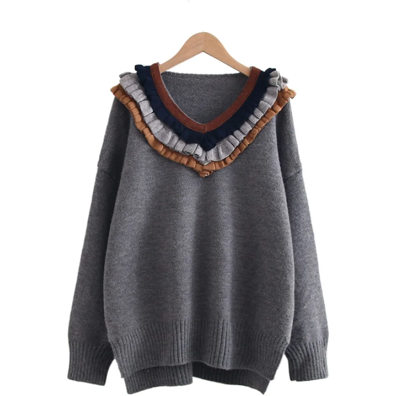 

Japan Style Stitching Three-layer V-neck Sweater With Wood Ears Angolan Pullover Women's Loose Sweaters Winter Warm Pullovers