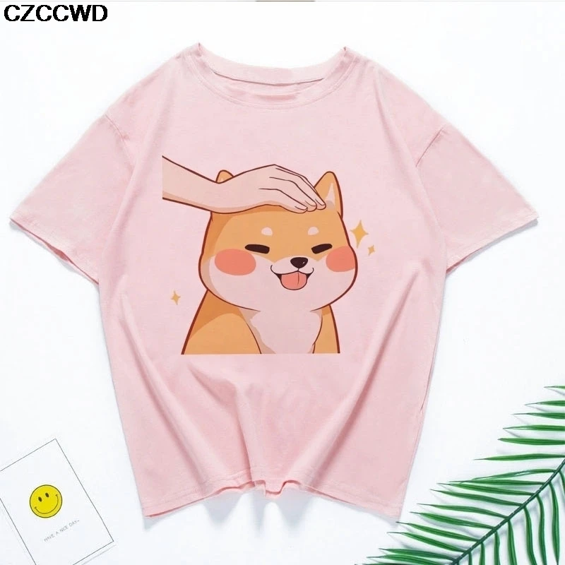 Funny Kawaii Cute Shiba Inu Dog T-shirt Women Gift Print Pink T-shirt Summer Loose Harajuku T Shirt Streetwear Clothes Tops Tees